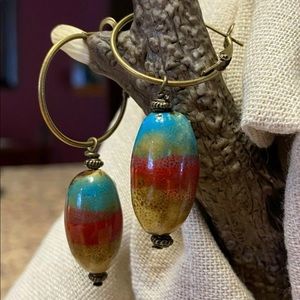 Blue Red Gold Ceramic on Bronze Lever-back Hoop.